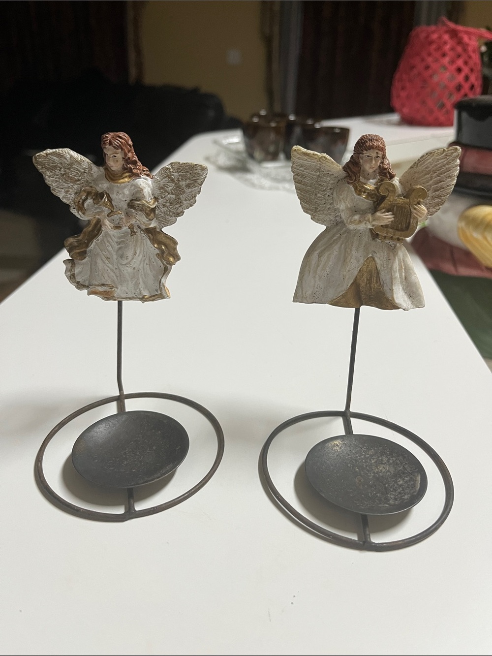 Pair of Small Angel Candle Holders in White and Gold horn harp. Used